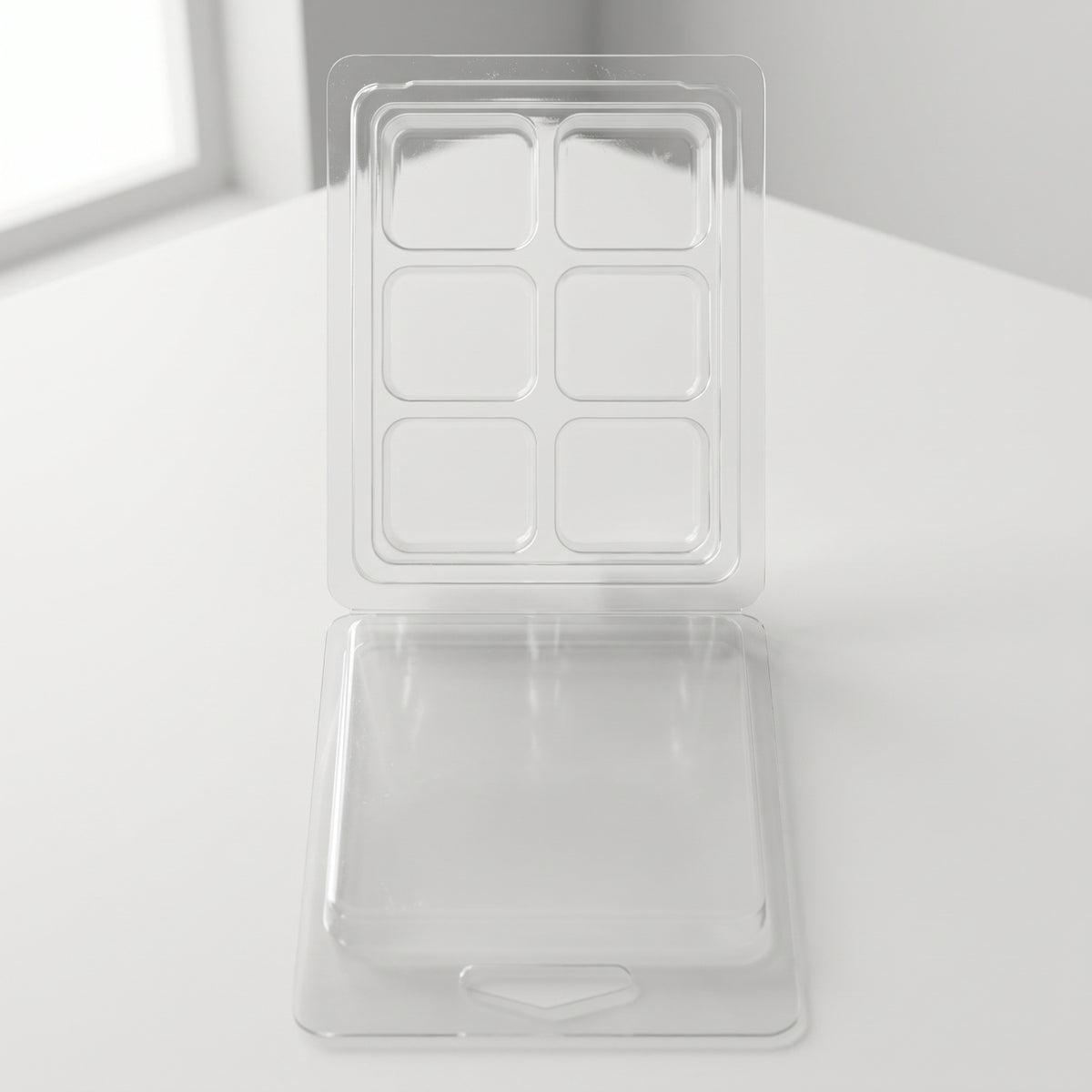 Matriță clam shell 6 pătrate goală, PET transparent, capac deschis