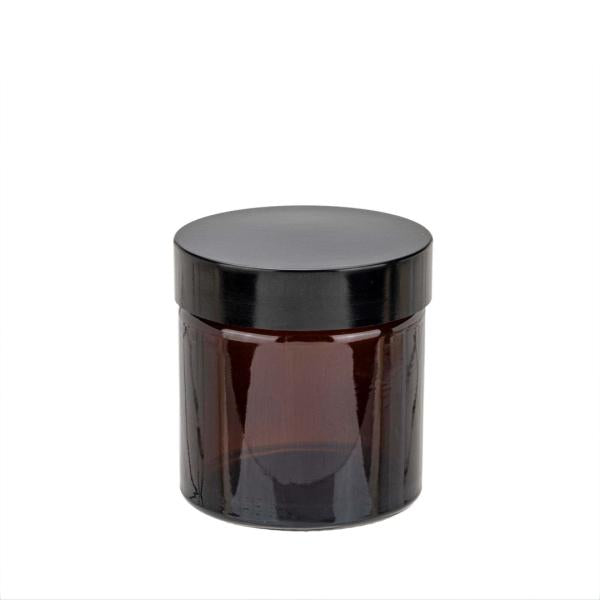 Borcan Sticla Ambra cu Capac Negru – Recipient DIY
