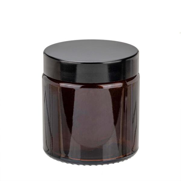 Borcan Sticla Ambra cu Capac Negru – Recipient DIY