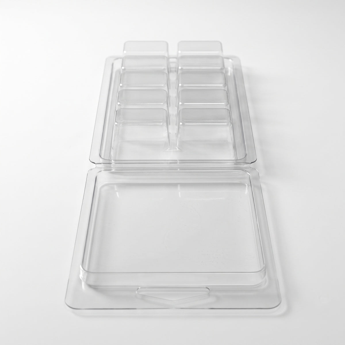Matriță clam shell snap bar 10 cuburi goală, PET transparent, capac deschis