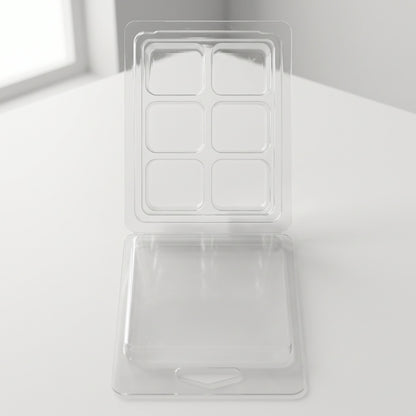 Matriță clam shell 6 pătrate goală, PET transparent, capac deschis