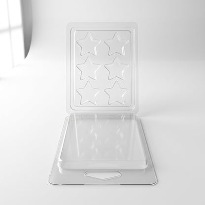 Matriță clam shell 6 stele goală, PET transparent, capac deschis